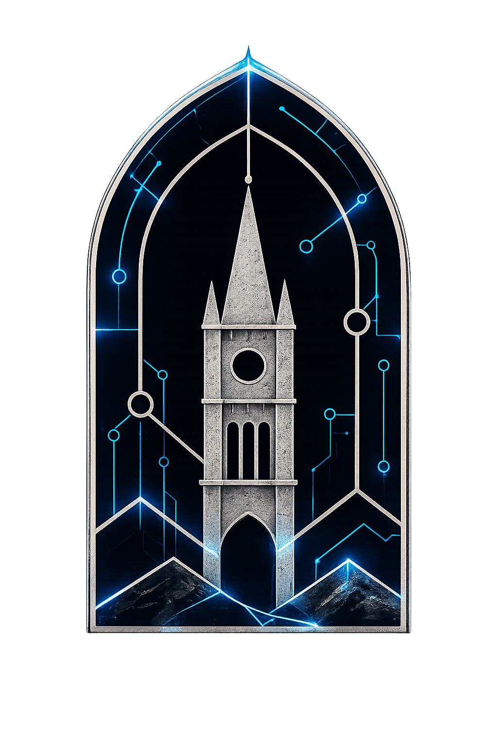 Granite and Fleur Digital logo — a Gothic arch framing a granite church tower with electric circuit lines